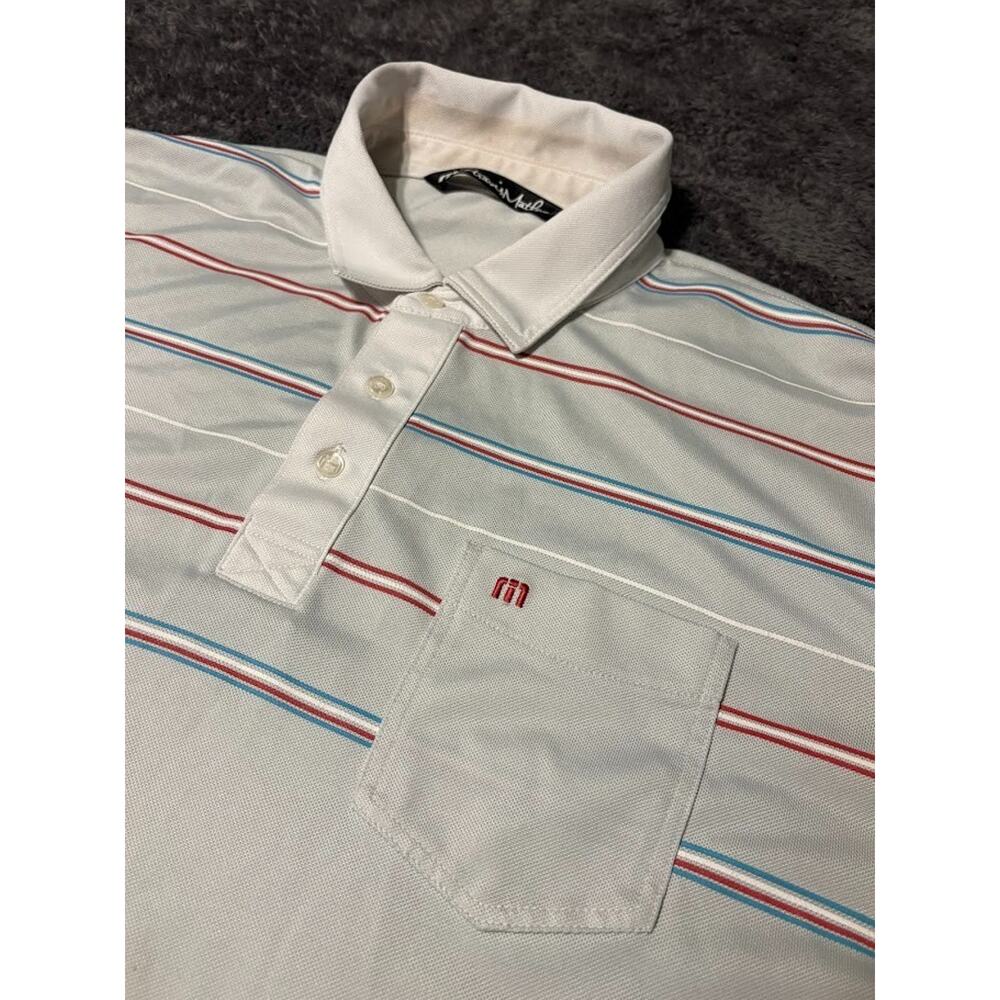 TravisMathew Golf Polo Men's XL White Red Blue Stripe Chest Pocket GUC
